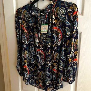 Anne Klein Paisely Navy Long Sleeve Top Size L ~NWT~